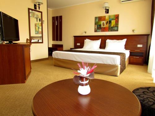 索非亚法沃里特酒店的酒店客房设有一张床和一张桌子及一台电视