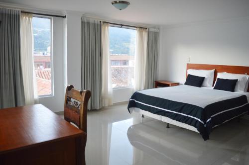 潘普洛纳COLOMBIA-Hotel Hontibon的卧室配有一张床、一张书桌和窗户。