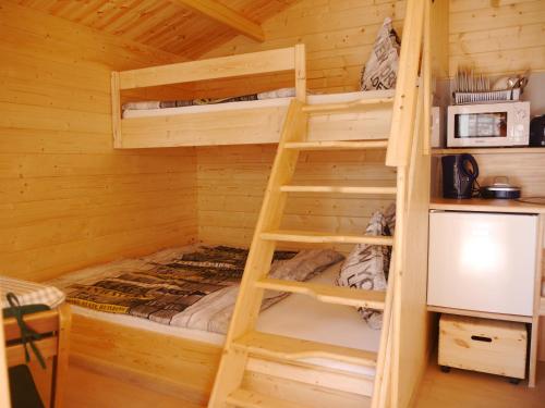 赖因斯贝格Villa Sperlingslust的小木屋内一间卧室配有双层床
