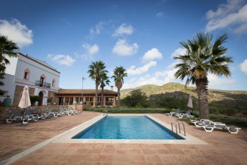 莱斯卡瑟斯-达尔卡纳Hotel Cal Naudi的一座带椅子和棕榈树的游泳池以及一座建筑