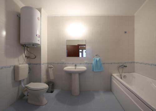 阿斯帕鲁霍沃Holiday Home Paulovnia的浴室配有盥洗盆、卫生间和浴缸。