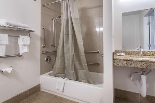 迪凯特乔治亚洲迪凯特6号汽车旅馆的带淋浴、盥洗盆和浴缸的浴室