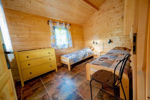 TarnowoChata na Polanie的小木屋内一间卧室,配有两张床