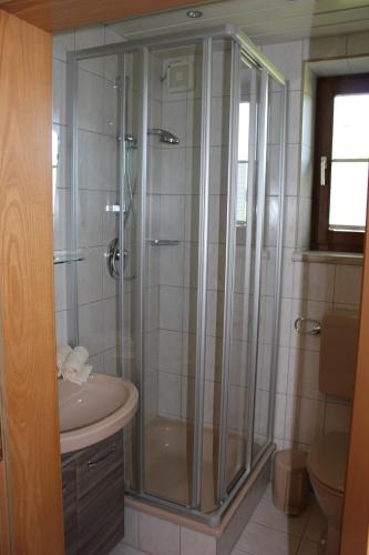 湖滨福煦Haus Klaushofer的带淋浴和盥洗盆的浴室