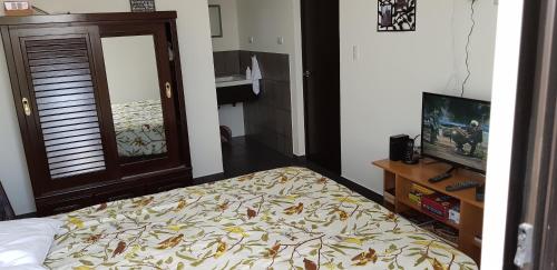危地马拉Mundo y maletas的一间卧室设有一张床、一台电视和一个窗口。