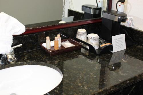 隆波克奥卡恩斯客栈&套房酒店的浴室的柜台设有水槽和镜子