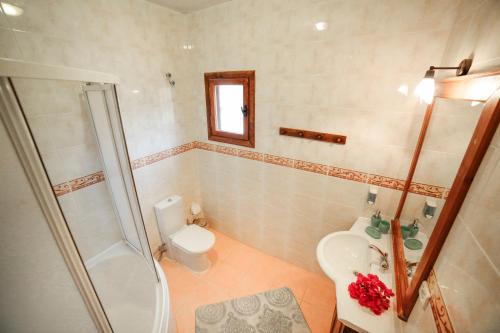 卡尔坎基尔洛小屋的带淋浴、卫生间和盥洗盆的浴室