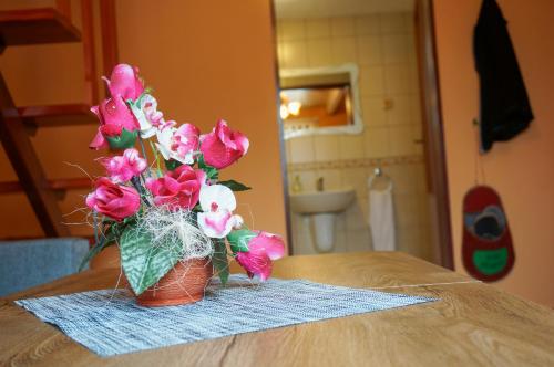 赫拉布斯Apartmány Petronela的一张桌子上一束粉红色的花瓶