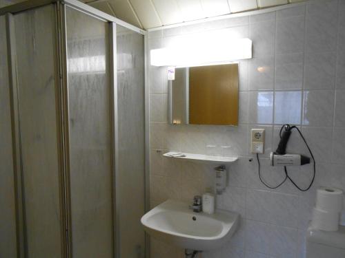 格尔利茨Goldener Engel /Pension的一间带水槽、淋浴和镜子的浴室