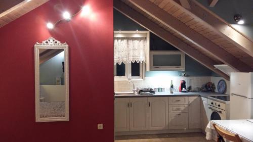 斯巴达Margarita's Attic-The Suite Loft的厨房设有红色的墙壁和镜子