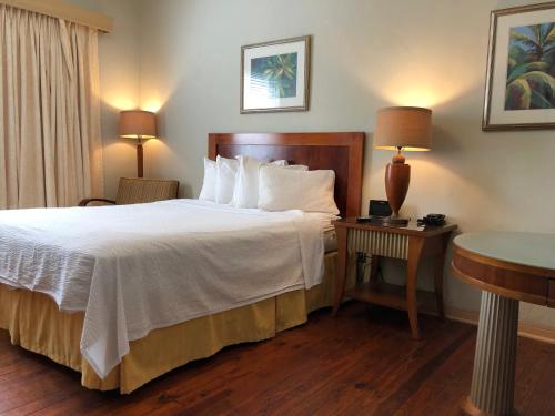 迈阿密海滩维斯凯酒店的酒店客房配有一张床铺和一张桌子。