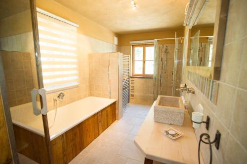 阿尔陶塞Chalet Altaussee的带浴缸和盥洗盆的大浴室