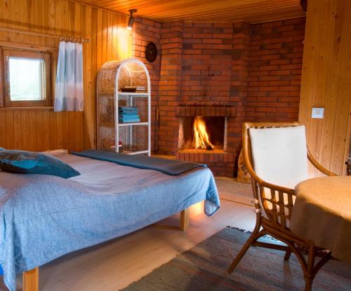 罗瓦涅米卡萨北极公寓的一间卧室配有一张床和一个壁炉
