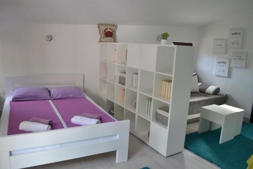 里桑Apartments Niković的一间卧室设有一张床和一个书架