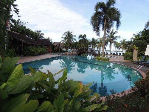 珍南海滩Langkawi Lagoon Resort Water Chalet的一座棕榈树的大型游泳池,位于庭院内
