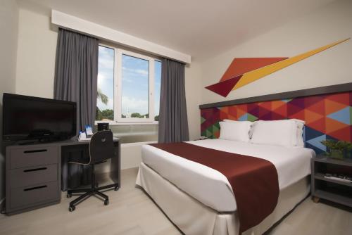 圣多明各霍德尔帕诺夫广场酒店的一间卧室配有一张床、一张书桌和一台电视