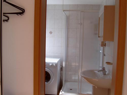 博恩Ferienhäuschen的一间带洗衣机和水槽的浴室