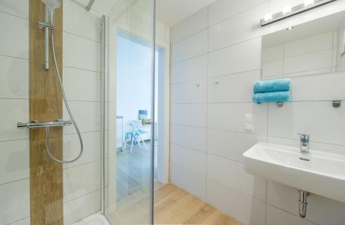 沃尔特湖畔佩莎赫Apartements Kaschitz的带淋浴和盥洗盆的浴室