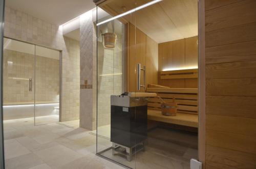 布里萨戈Suiten-Hotel Sunstar Brissago的带淋浴、盥洗盆和卫生间的浴室