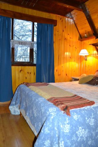 乌斯怀亚Cabañas Bosque Del Faldeo的一间卧室配有一张带蓝色窗帘的床和一扇窗户