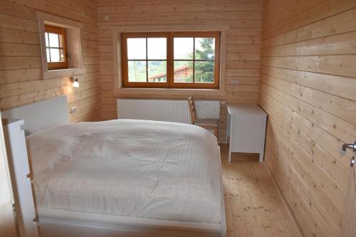 库罗阿尔滕堡Erzgebirgsholzhaus am Lugstein的一间卧室配有一张床、一张桌子和一个窗户。