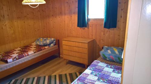 比尔克兰Skogheim Two-Bedroom Cottage的小房间设有两张床和窗户