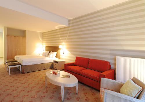 巴特诺因阿尔-阿尔韦勒桑可特皮特兰德酒店的酒店客房,配有一张床和一张红色的沙发