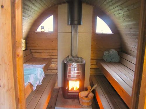 威塞勒海德Het Vogelhuisje的小屋内的一个燃木火炉,设有2个窗户