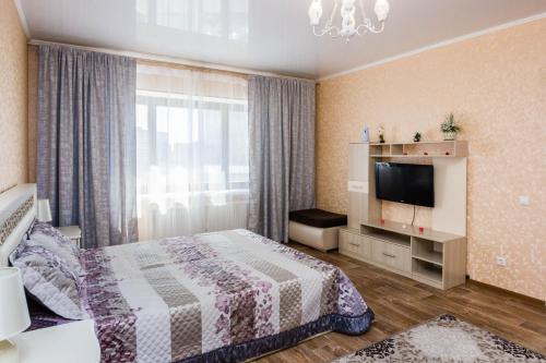 秋明Apartment on Kharkovskaya 66的酒店客房,配有床和电视
