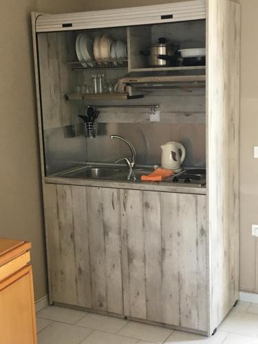 科斯镇曼尼亚斯公寓的木制橱柜内带水槽的厨房