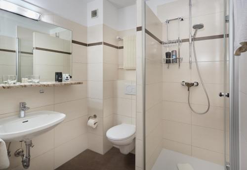 布罗因灵恩林登霍夫酒店餐厅的带淋浴、卫生间和盥洗盆的浴室