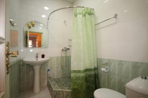 埃里温Bridge House Yerevan Armenia的带淋浴、盥洗盆和卫生间的浴室