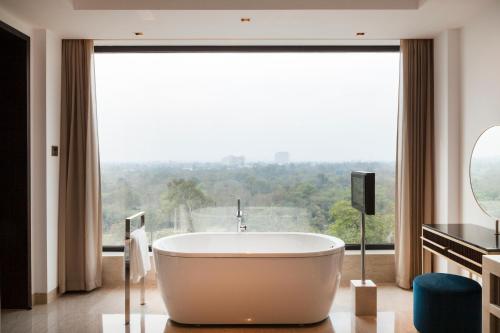 新德里新德里欧贝罗伊酒店的带浴缸的浴室和大窗户