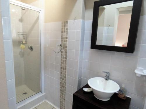 姆通济尼102 Siyayi的浴室配有盥洗盆和带镜子的淋浴