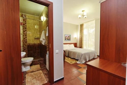 格连吉克奥里萨酒店的一间带床、卫生间和淋浴的浴室