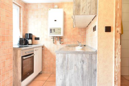 格拉尔-米里茨Haus Seepferdchen的一间带水槽和烤箱的小厨房