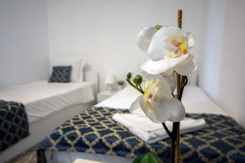 StojakovoBed & Breakfast Delikates的床上有两朵白色花的房间