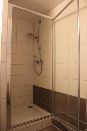 肯普滕Gästehaus Chaplin的浴室里设有玻璃门淋浴