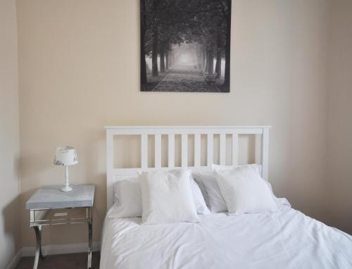 沙夫茨伯里Stable Cottage, Whitebridge Farm的卧室配有一张白色床,墙上挂着一幅画