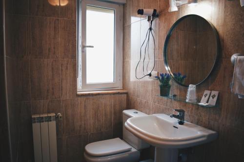 里瓦德塞利亚Hotel Brisas del Sella的一间带卫生间、水槽和镜子的浴室