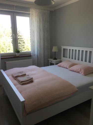 奥斯威辛Apartament Antek klimatyzowany的卧室配有白色床和粉红色毛巾