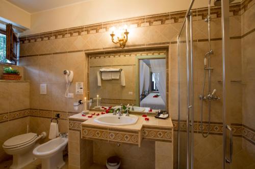 蒙泰普兰多内Agriturismo Il Sapore Della Luna的一间带水槽、卫生间和淋浴的浴室