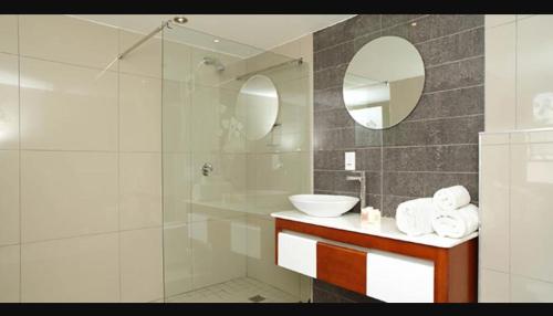 比勒陀利亚莱克斯精品酒店的浴室配有盥洗盆和带镜子的淋浴