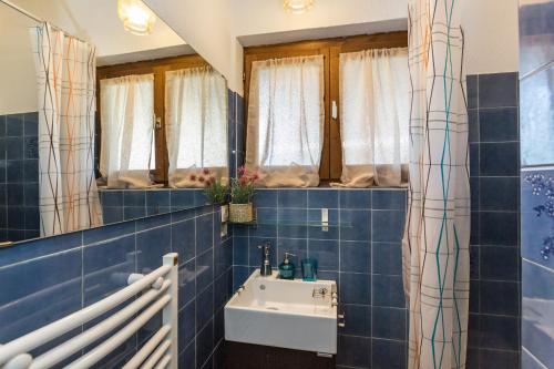 夏蒙尼-勃朗峰Les Sommets Studio的蓝色瓷砖浴室设有水槽和窗户