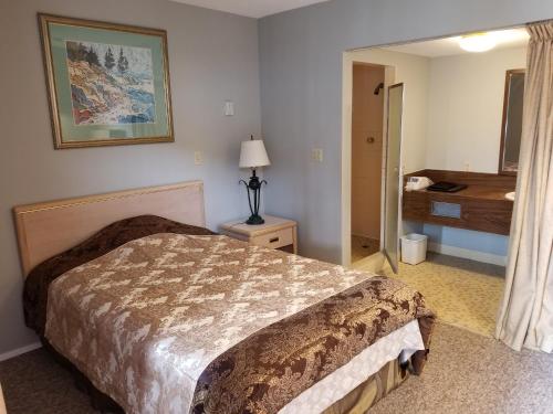 威廉斯莱克Slumber Lodge Williams Lake的一间酒店客房 - 带一张床和一间浴室