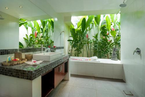 勒吉安欧诺玛河滨酒店的浴室设有水槽和植物浴缸。