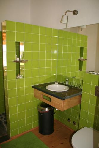 波塔莱格雷Casa da Pedra-Quinta do Briando的绿色瓷砖浴室设有水槽和卫生间