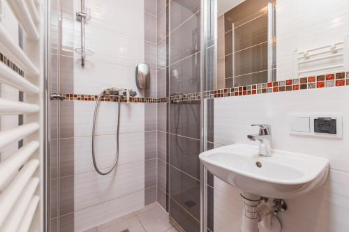克拉科夫白家旅舍的带淋浴和盥洗盆的白色浴室