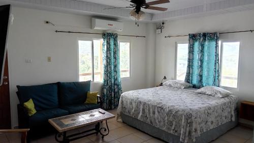 斯卡伯勒Michael's Tropical Suites的一间卧室配有一张床、一张沙发和窗户。