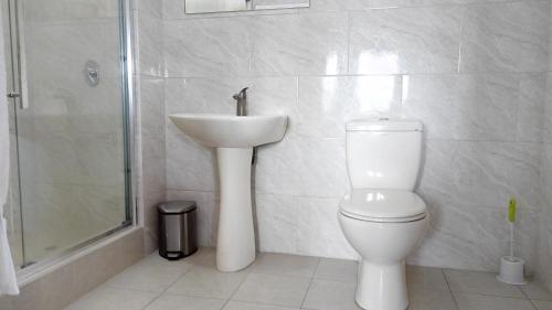 斯卡伯勒Michael's Tropical Suites的浴室配有卫生间、盥洗盆和淋浴。